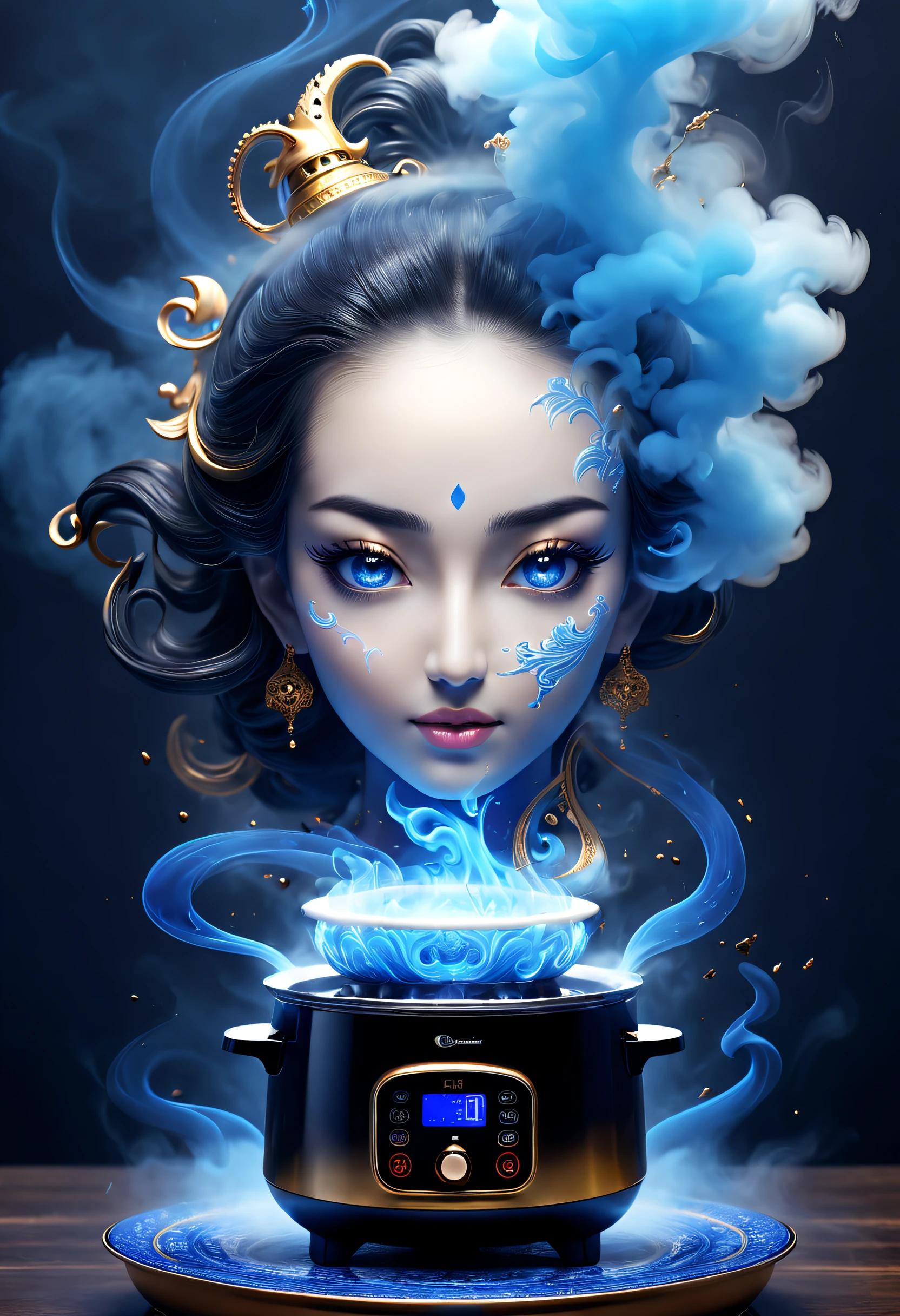 (最高品質,4k,8K,高解像度,傑作:1.2),超詳細,AI炊飯器から出る謎の青い煙,青い煙によって形成された透明な女神の頭,千夜一夜物語にインスピレーションを受けて,アラジンにインスピレーションを得た&#39;魔法のランプ,キッチンの背景,SFアート,素晴らしい,素晴らしいおとぎ話,超リアル,神話的な映画，抽象化された，様式化された