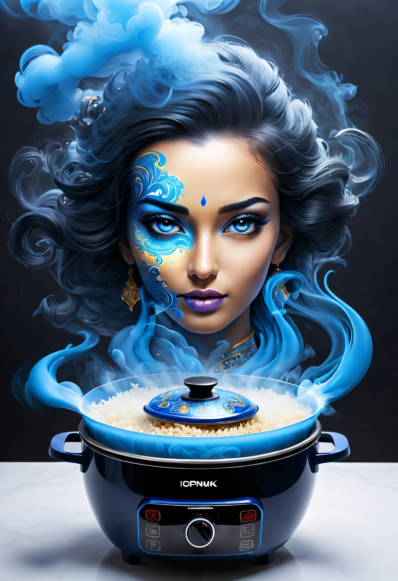 Eine blaue Rauchwolke kommt aus dem Reiskocher mit künstlicher Intelligenz von iopunk，Blauer Rauch bildet ein transparentes Göttinnenporträt，Inspiriert von Tausendundeiner Nacht，Inspiriert von Aladdin&#39;s Wunderlampe， Hintergrund mit：Küchenbrache, Science-Fiction-Kunst, ，Exzellent，Exzellent，hyper realisitc，Thriller，