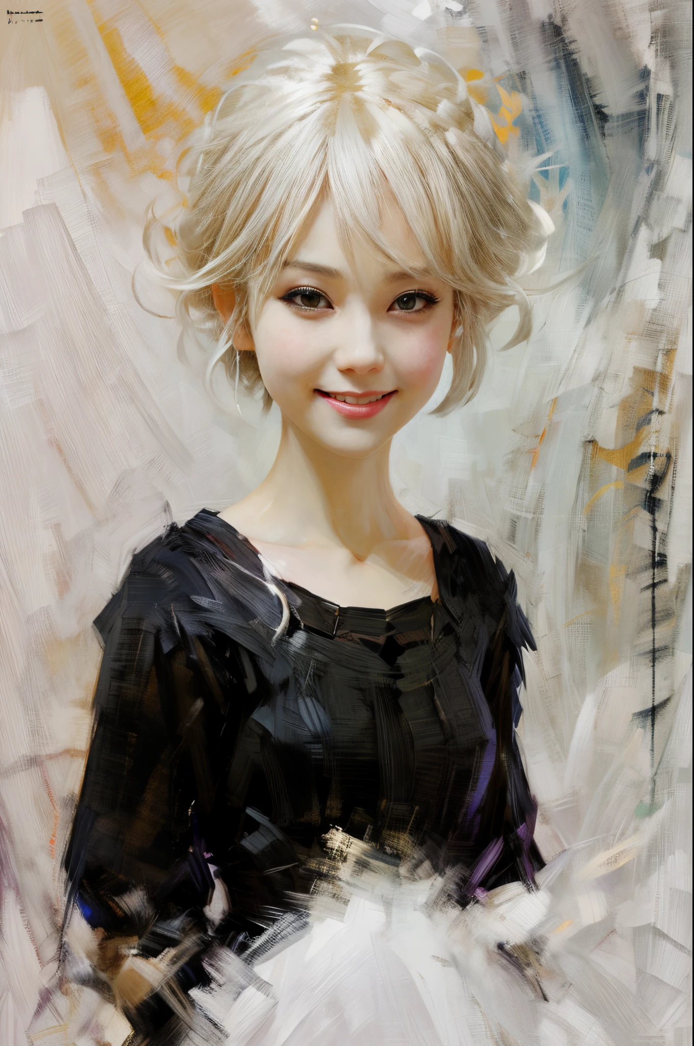 Alice, Style artistique animé, 1fille, solo, Regarder_à_téléspectateur, sourire, court_cheveux, Ouvrir_bouche, œil, œil, plus haut_corps, blanc_cheveux,