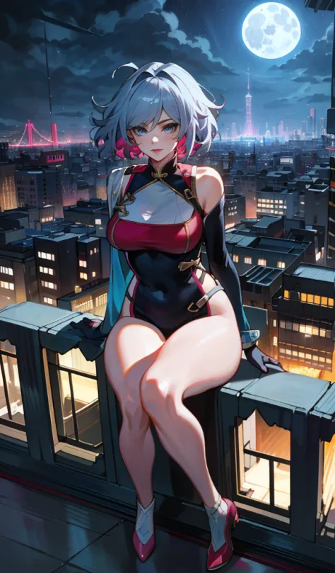 (Masterpiece, 4k resolution, ultra-realistic, very detailed),  (superhero theme, charismatic, there's a cute girl on top of town...