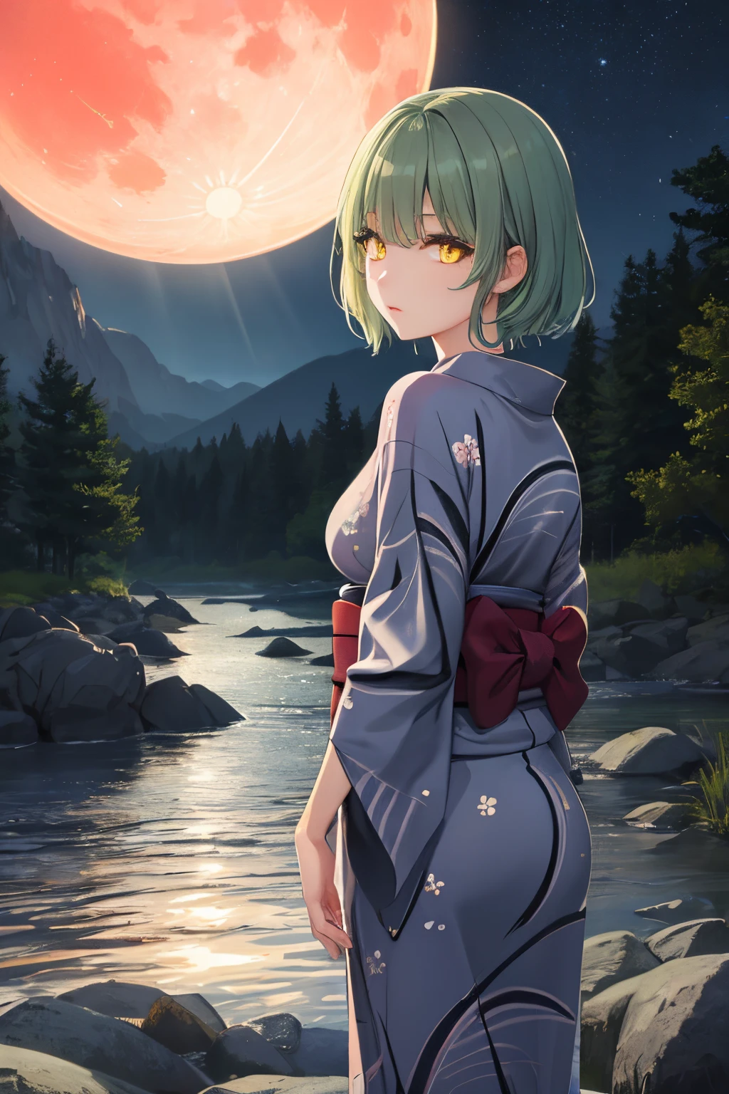 Masterpiece, Best Quality, absurdress, perfect anatomy, 1girl, 独奏, light green hair, Yellow eyes, Medium Hair, yukata, Short Yukata, night time, (DARK SETTING), mountains, water, the trees, Red Moon, Hair Flower, At the back, looking at the side