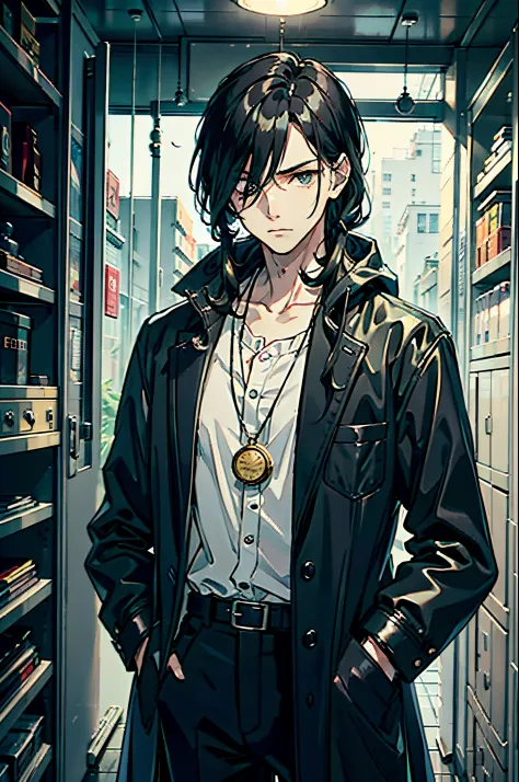 young man, long black hair, a lock of gray hair, pale face, classic suit, pocket watch, black leather raincoat, cruel look, ener...