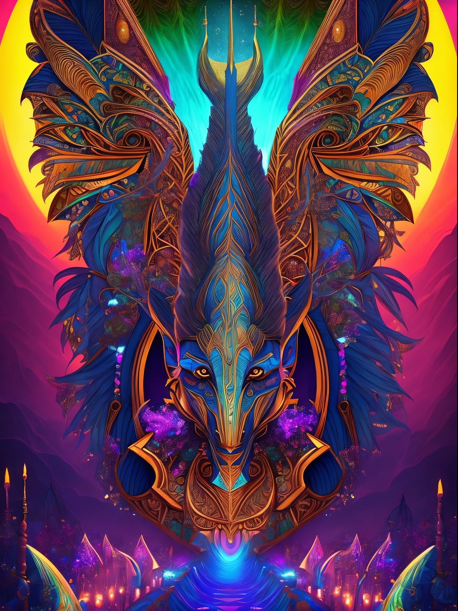 The prompt for the given theme would be:
"Anubis in a psychedelic and surreal world, ultra-detailed, with vibrant colors and lighting effects, creating a masterpiece with 8k and 4k resolution. Anubis is depicted with intricate details, merging with the surroundings seamlessly. The artwork showcases Anubis under the influence of LSD, where space and time lose their boundaries. The scene exudes a sense of otherworldly beauty and mystique, combining the ancient Egyptian deity with a contemporary psychedelic aesthetic, creating a visually stunning and mind-altering experience."