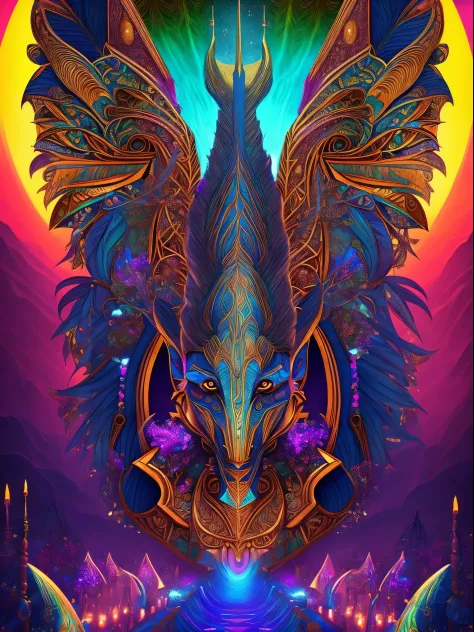 The prompt for the given theme would be:
"Anubis in a psychedelic and surreal world, ultra-detailed, with vibrant colors and lig...