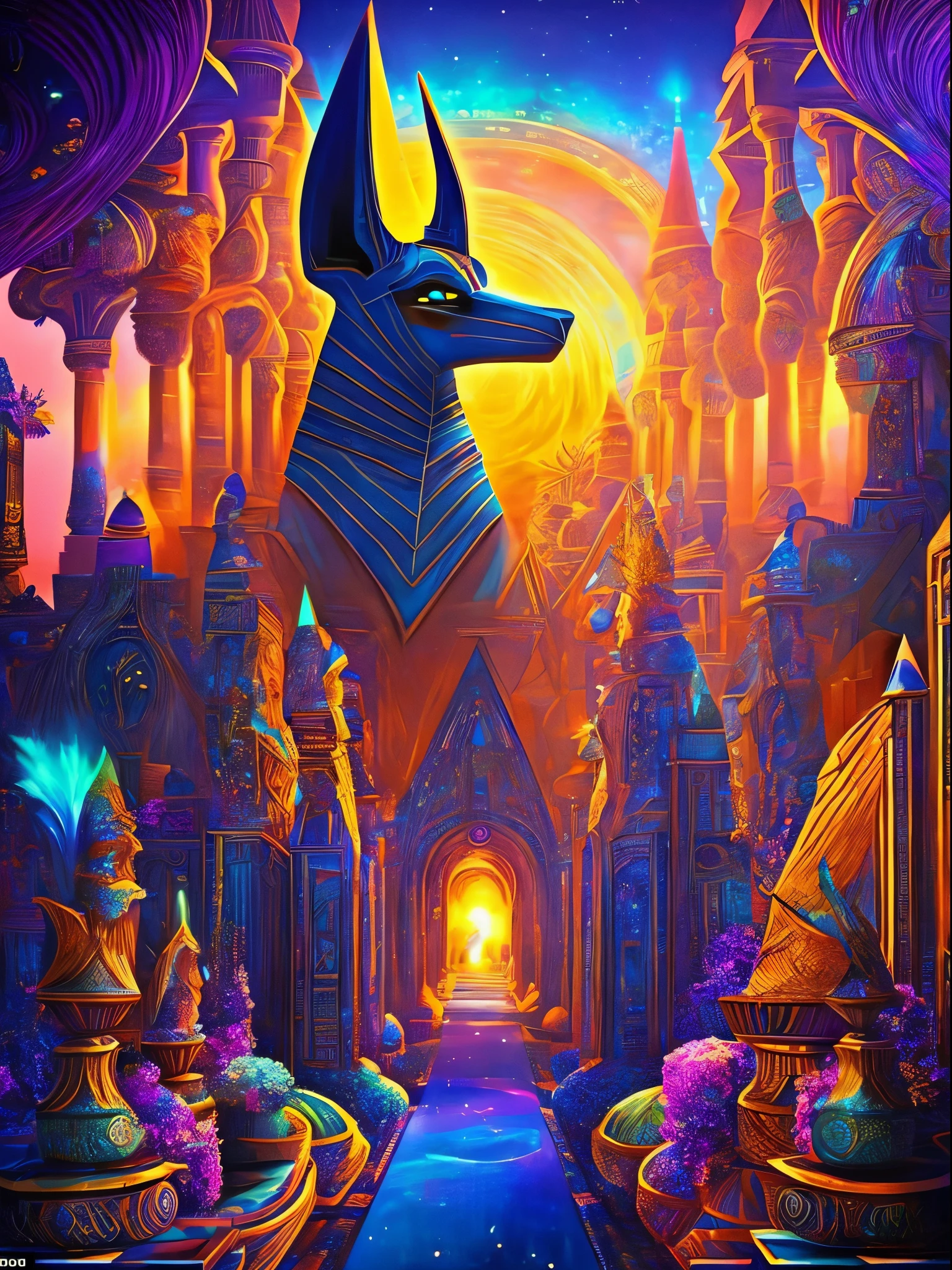 The prompt for the given theme would be:
"Anubis in a psychedelic and surreal world, ultra-detailed, with vibrant colors and lighting effects, creating a masterpiece with 8k and 4k resolution. Anubis is depicted with intricate details, merging with the surroundings seamlessly. The artwork showcases Anubis under the influence of LSD, where space and time lose their boundaries. The scene exudes a sense of otherworldly beauty and mystique, combining the ancient Egyptian deity with a contemporary psychedelic aesthetic, creating a visually stunning and mind-altering experience."