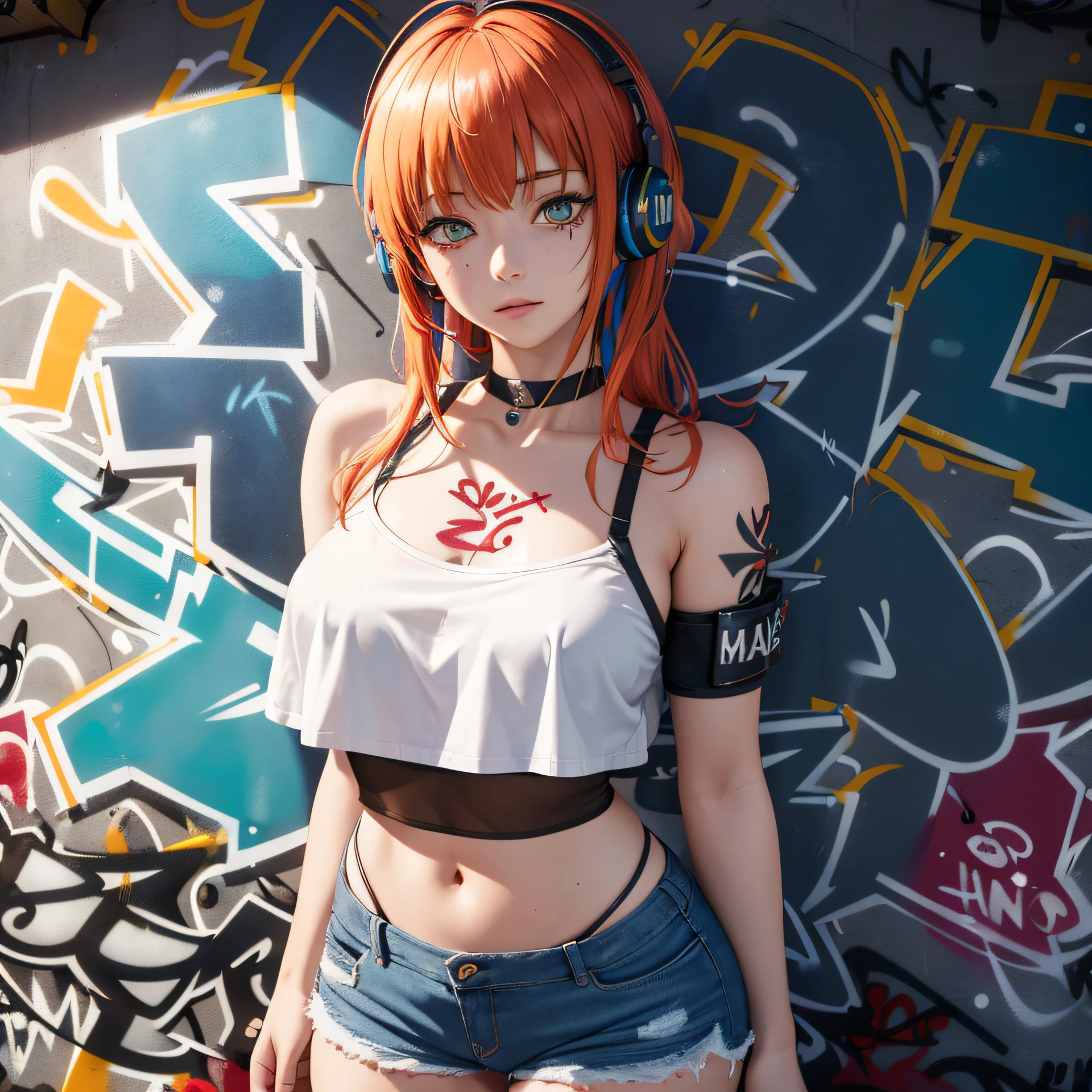 masterpiece, best quality, (extremely detailed CG unity 8k wallpaper, masterpiece, best quality, ultra-detailed, masterpiece, best quality, 1girl, solo, crop top, denim shorts, choker, (graffiti:1.5), paint splatter, arms behind back, against wall, looking at viewer, armband, thigh strap, paint on body, head tilt, bored, multicolored hair, aqua eyes, headset, Makima,