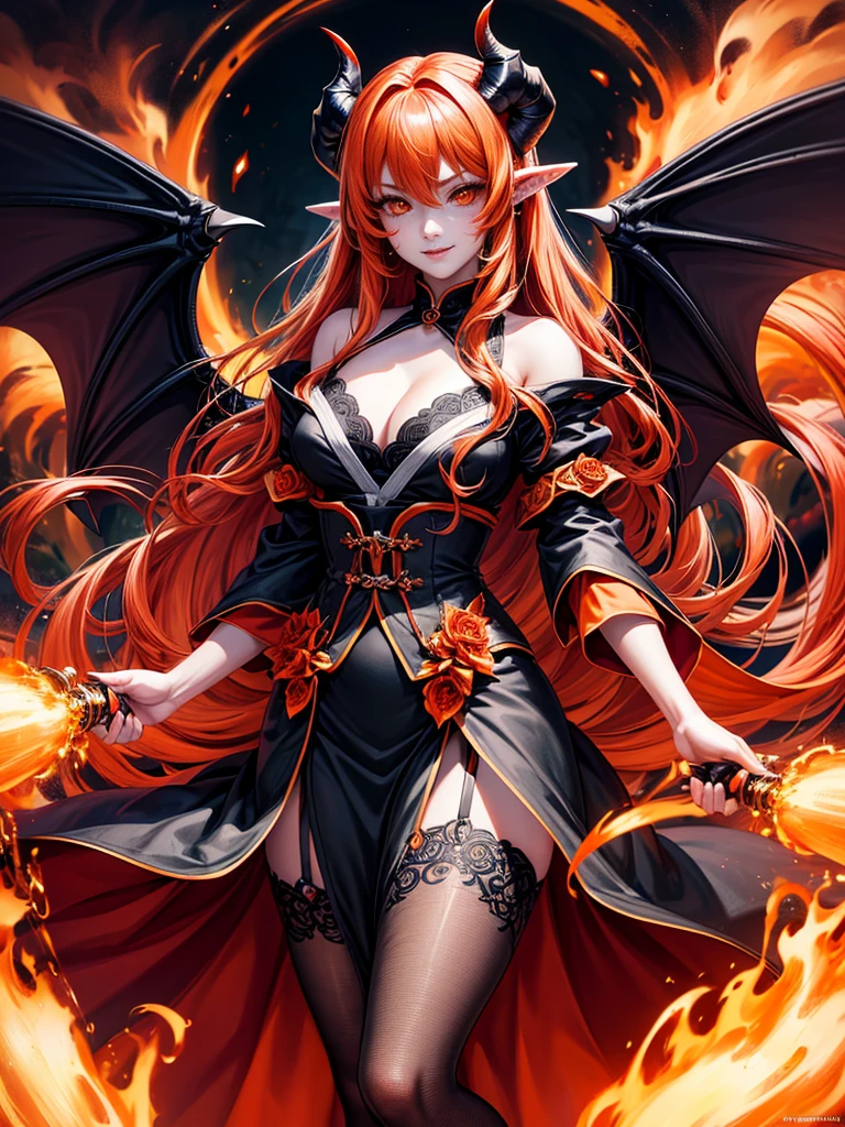 best qualtiy, tmasterpiece, illustratio: Ultra High Definition, Ultra High Quality, Hyper Definition, Hyper Quality, Hyper Detailed, Extremely Detailed, Perfectly Detailed, 8k,  Demon Young Mistress, Long Orange Curly Hair, ( Beautiful Demon Wings), White-Orange Horns, Solid Orange Demon Eyes, Evil Expression, Dressed With Black Kimono, Town Fire Background