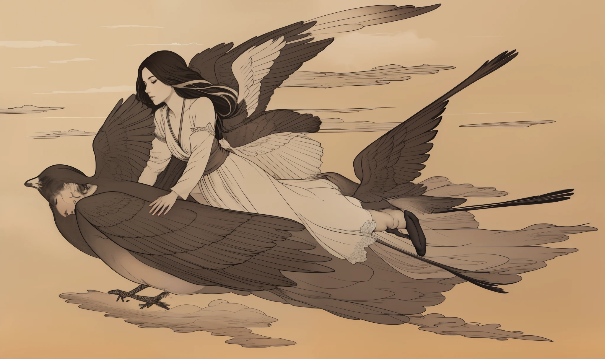 There is a woman riding a bird with two birds on it - SeaArt AI