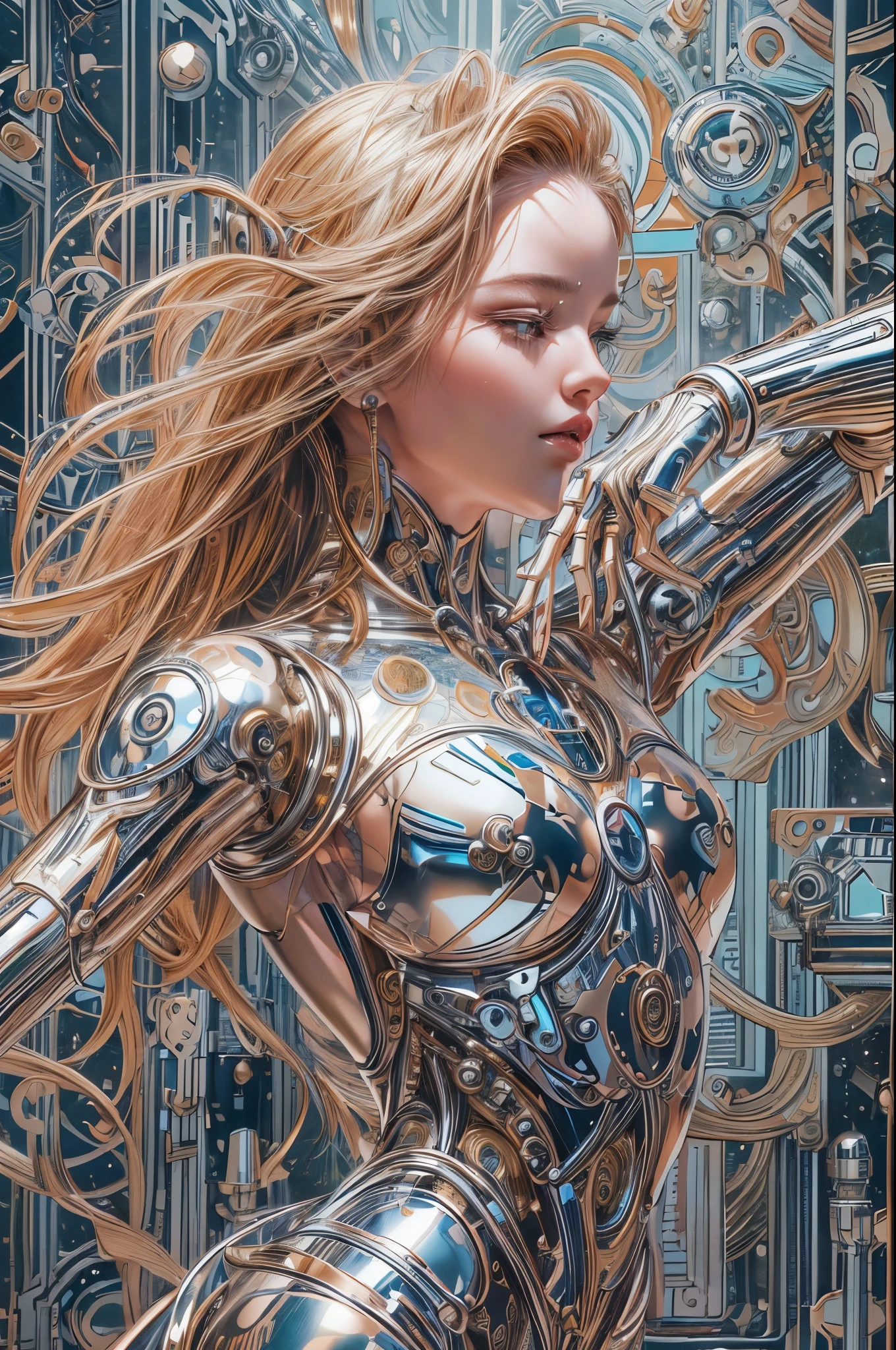 una hermosa joven con el pelo enredado, cara detallada, pose dinámica, bailando mientras crea el universo, pintado por Hajime Sorayama robot,
manos perfectas,Chrometech ,Mas detalle,metálico