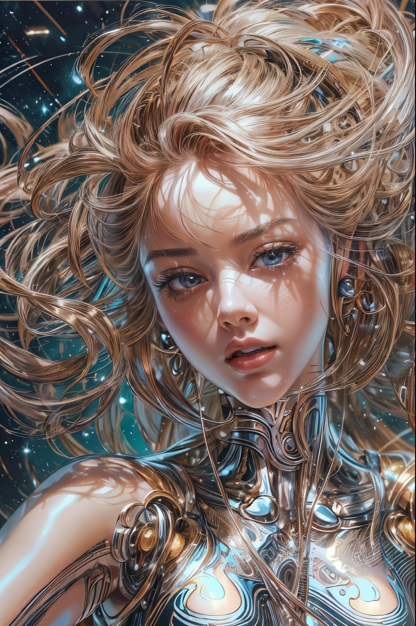 ein wunderschönes junges Mädchen mit verworrenen Haaren, Detailliertes Gesicht, dynamische pose, tanzt, während es die Schöpfung des Universums hervorbringt, von Hajime Sorayama gemalt, ein Roboter,
perfekte Hände,chrometech ,Mehr Details,metallic