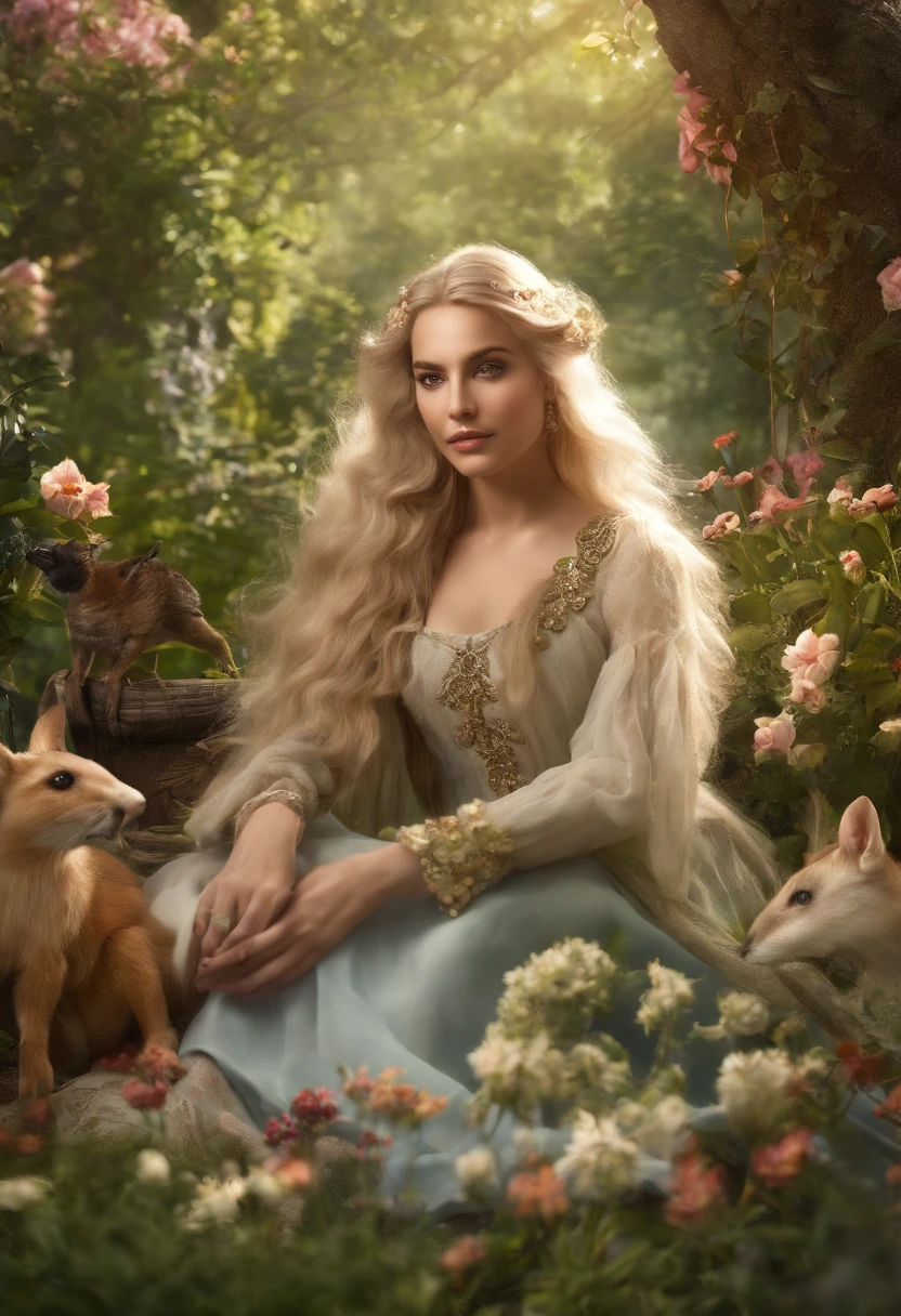 A photo of Saeval sitting cross-legged in a lush, magical garden, surrounded by blooming flowers and radiant sunlight, with a small group of woodland creatures gathered around her.,original,Saeval Daeybreak has pointy elf ears, his hair is silver and he has a goatee. Saeval is 560 years old but appears to be in his early 30s.