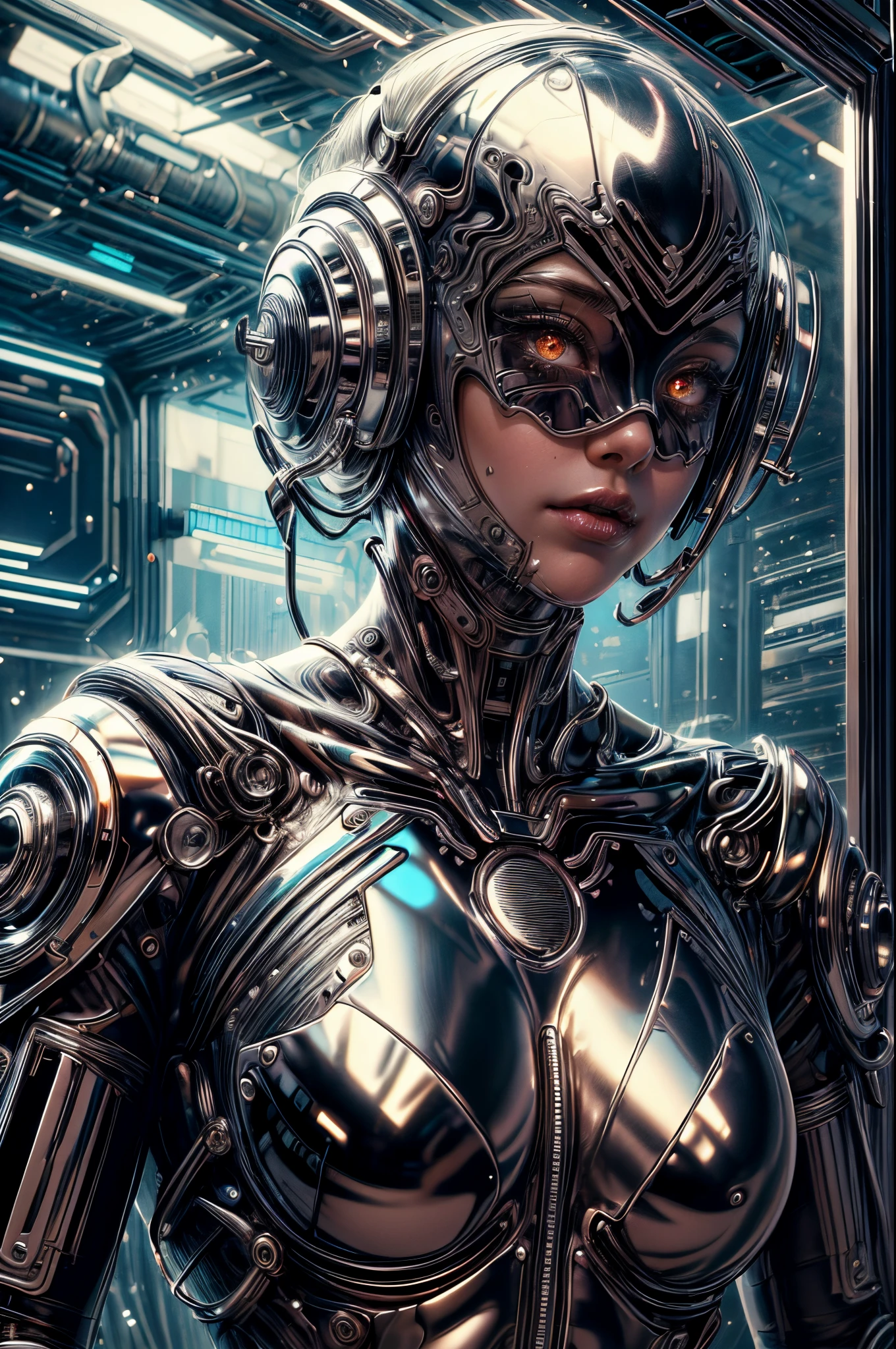 "Futuristic android, Hajime Sorayama inspired, sleek ((chrome)) surface, reflective ((glass)), leather-clad, (futuristic) girl, dynamic pose, metallic sheen, glowing eyes, ((cyberpunk aesthetic)).