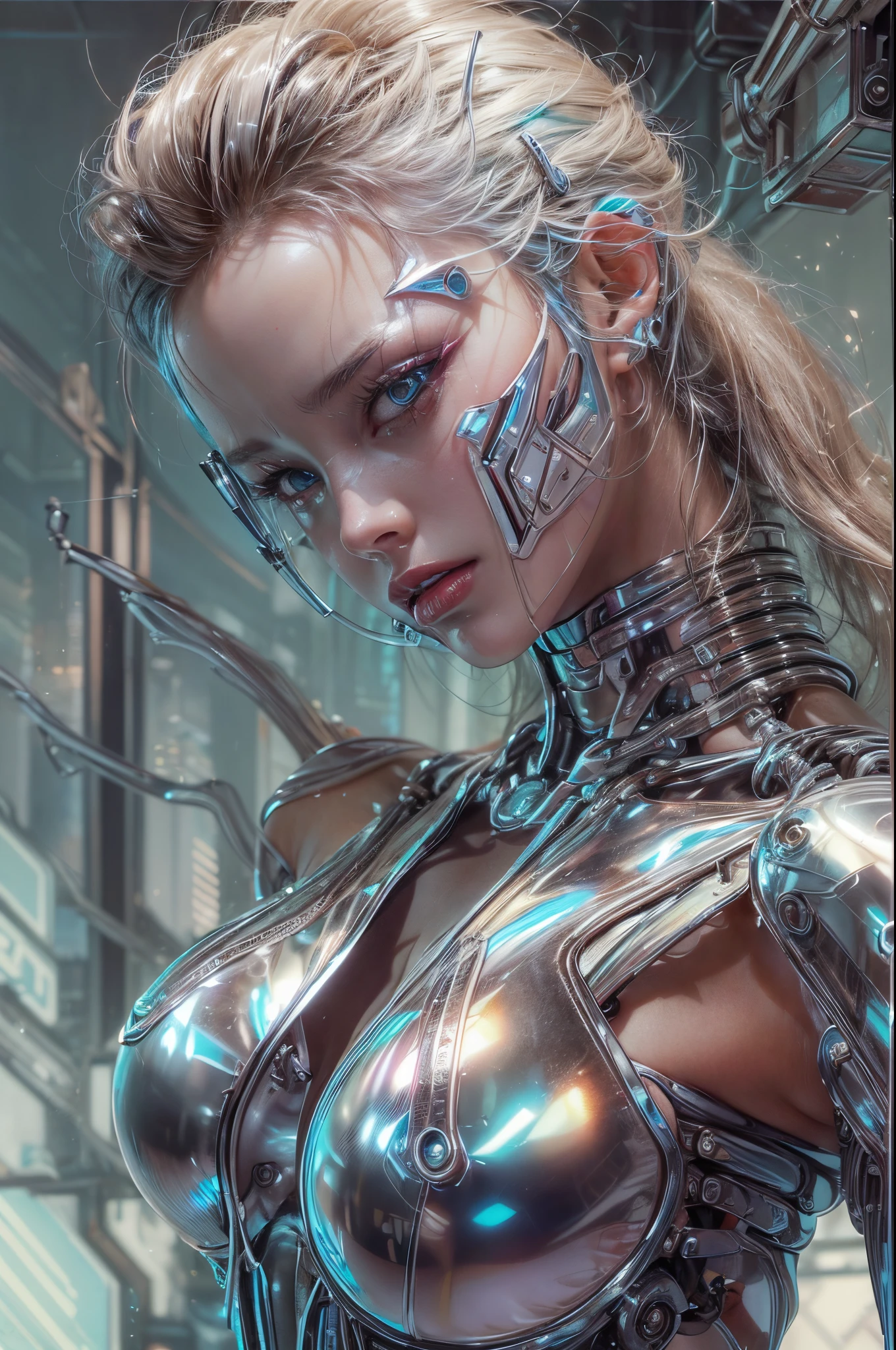 "((Hyper-realistic)) cyborg, Sorayama-esque, ((glossy chrome body)), ((translucent glass limbs)), leather outfit, ((girl with attitude)), dynamic lighting, intricate reflections, ((edgy cyberpunk atmosphere)).