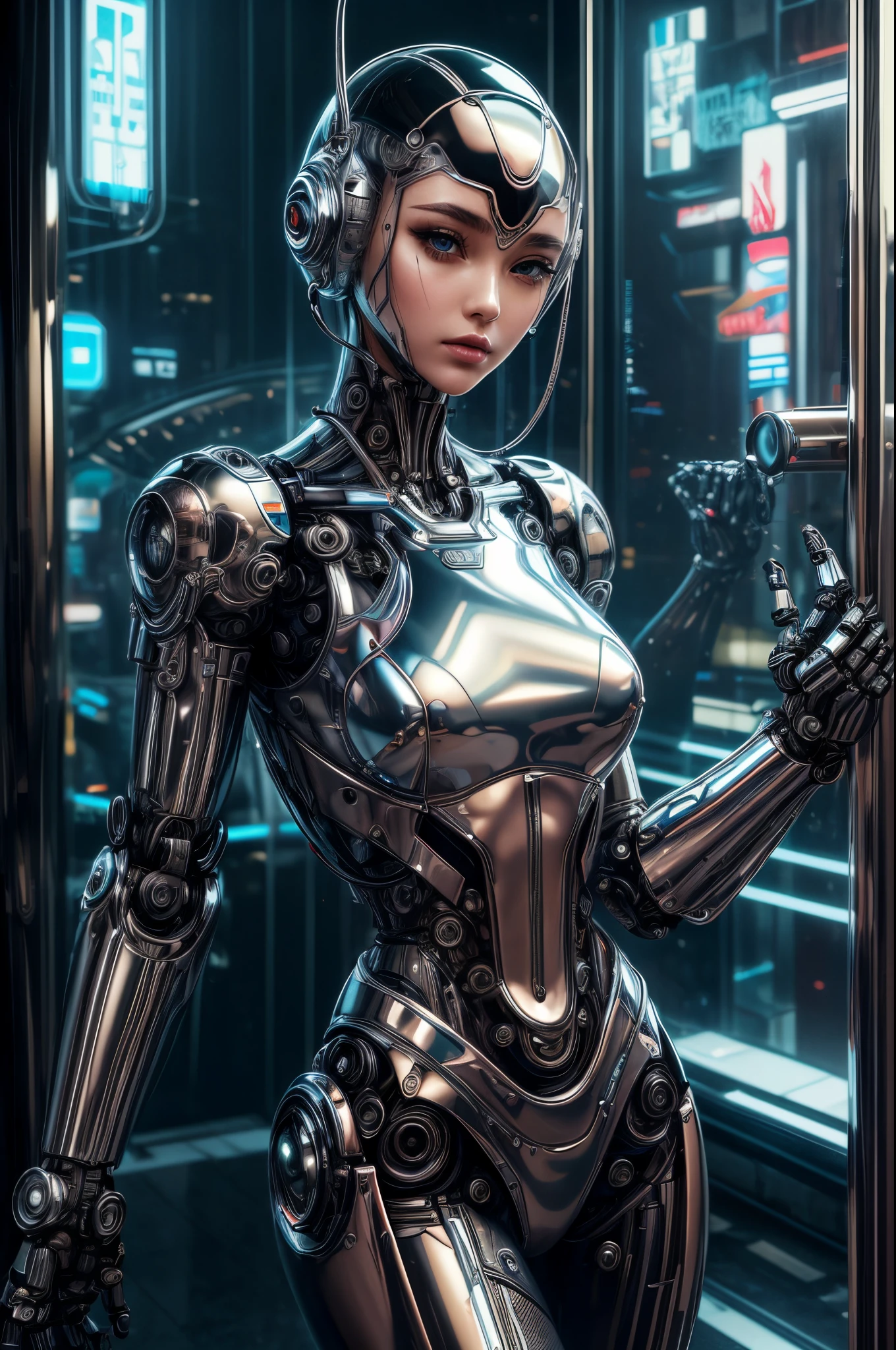 "((Futuristic robotic muse)) a la Sorayama, ((chrome exterior)), ((transparent glass)), leather attire, ((alluring girl)), dramatic lighting, ((cyberpunk ambiance)), intricate details, ((futuristic fashion)).