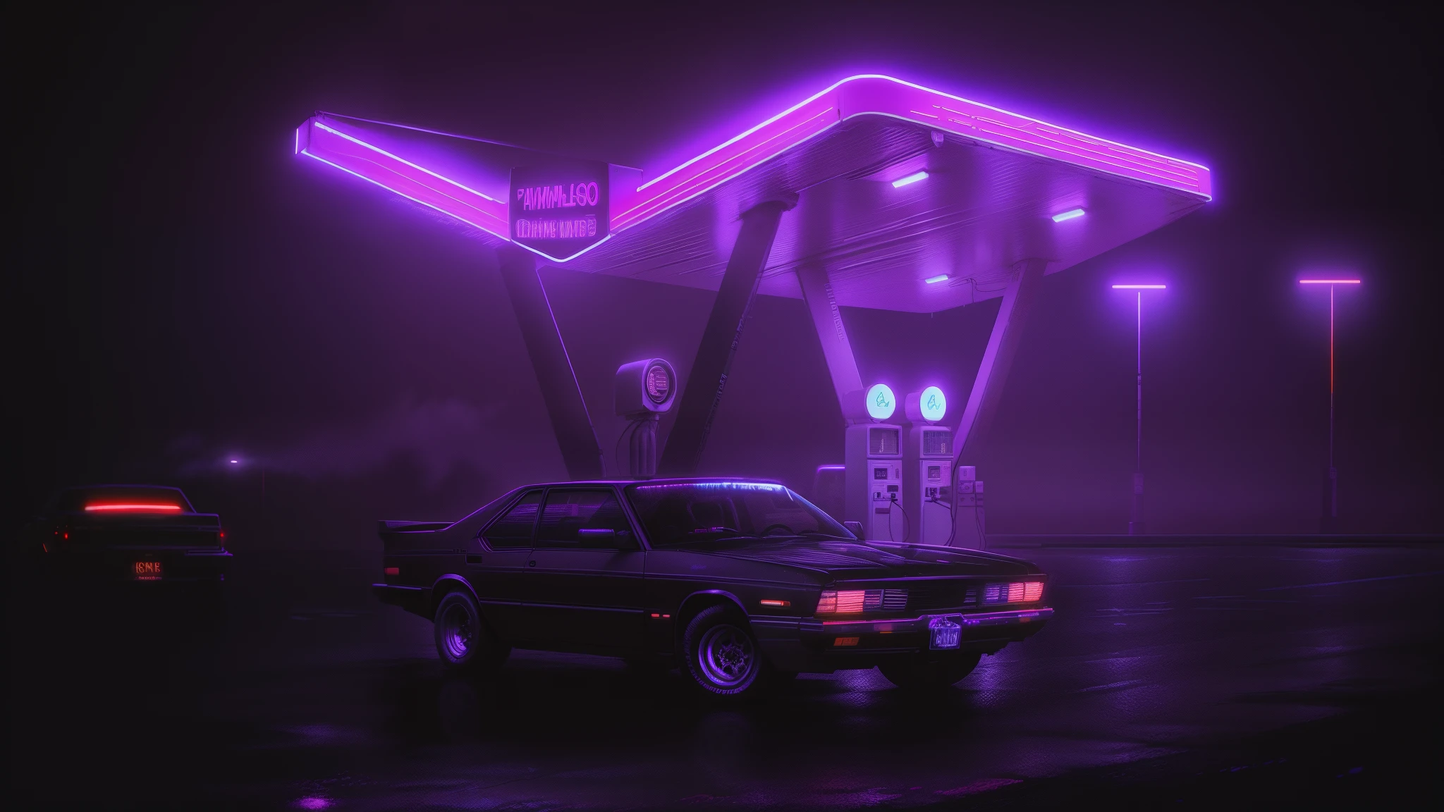 Purple neon gas station with a car parked in front - SeaArt AI