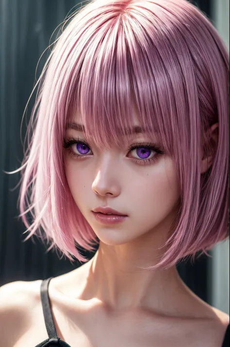 ph momo, momohd, phmomo, solo, 1girl, pink hair, purple eyes, short hair, hair