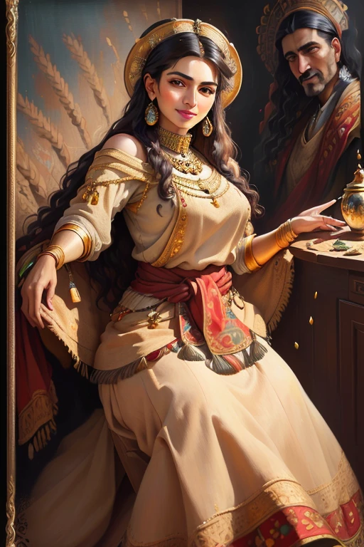 ((best quality)), ((masterpiece)), ((realistic)), Persian woman with wheats in her hands , portriat from the waist up, elegant attire,traditional Clothes, radiant smile, confident stance, cultural pride, (oil painting:1.2), vivid colors, nostalgic b&w background, authentic vintage feel, (portrait composition:1.7), (high-resolution:1.2)