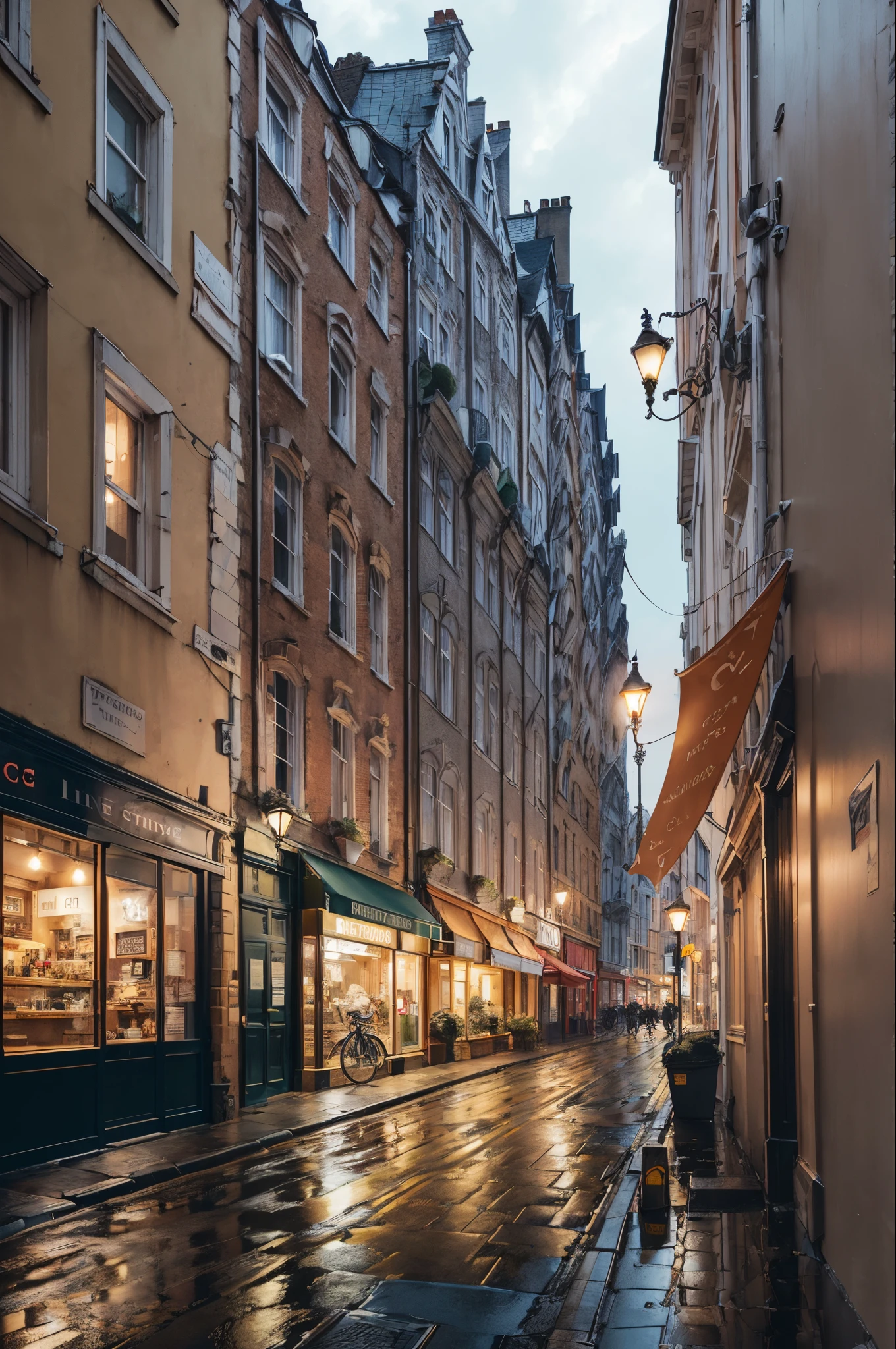 Photo of a cafe, wet street, buildings, busy street, cycle, garbage, nostalgia, ultra quality, hyper detailed, belgian, cosy, day, liege