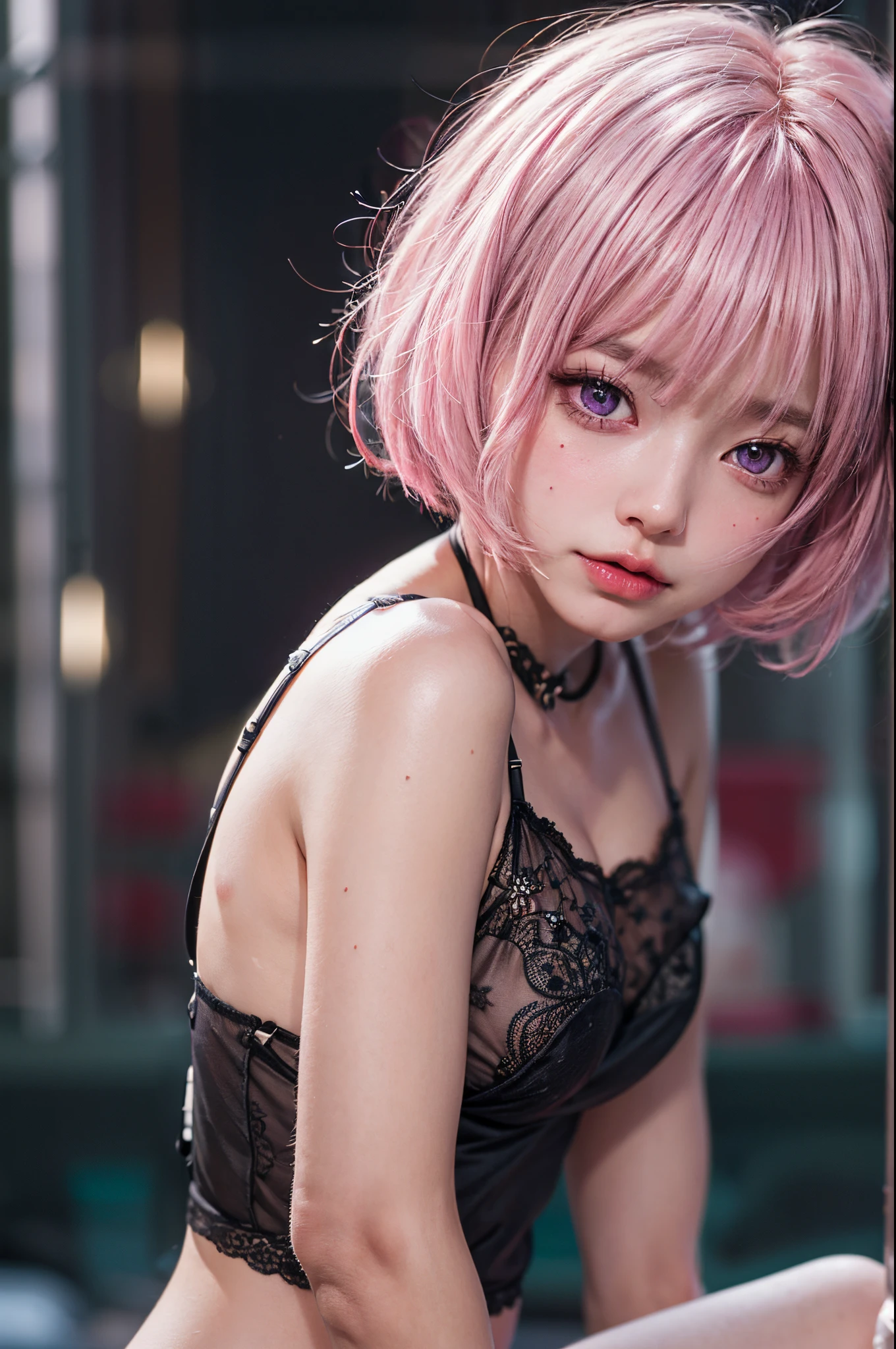 "((Momo Deviluke)) in realistic style, lingerie fashion, cinematic atmosphere, soft focus, ethereal glow, carefully posed, high resolution, mesmerizing details"ph momo, momohd, phmomo, solo, 1girl, pink hair, purple eyes, short hair, hair