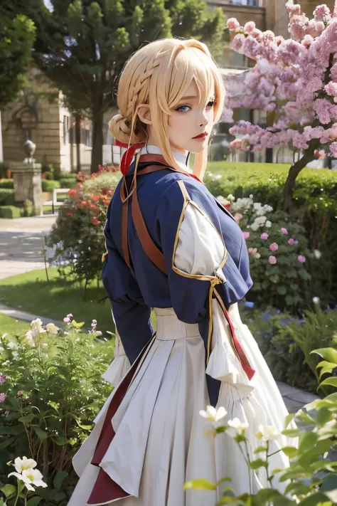 1girl in, (((masutepiece, Best Quality))),(Realistic, Photorealistic), Violet_Evergarden, Cowboy Shot, Blonde hair,braid, Red Ha...