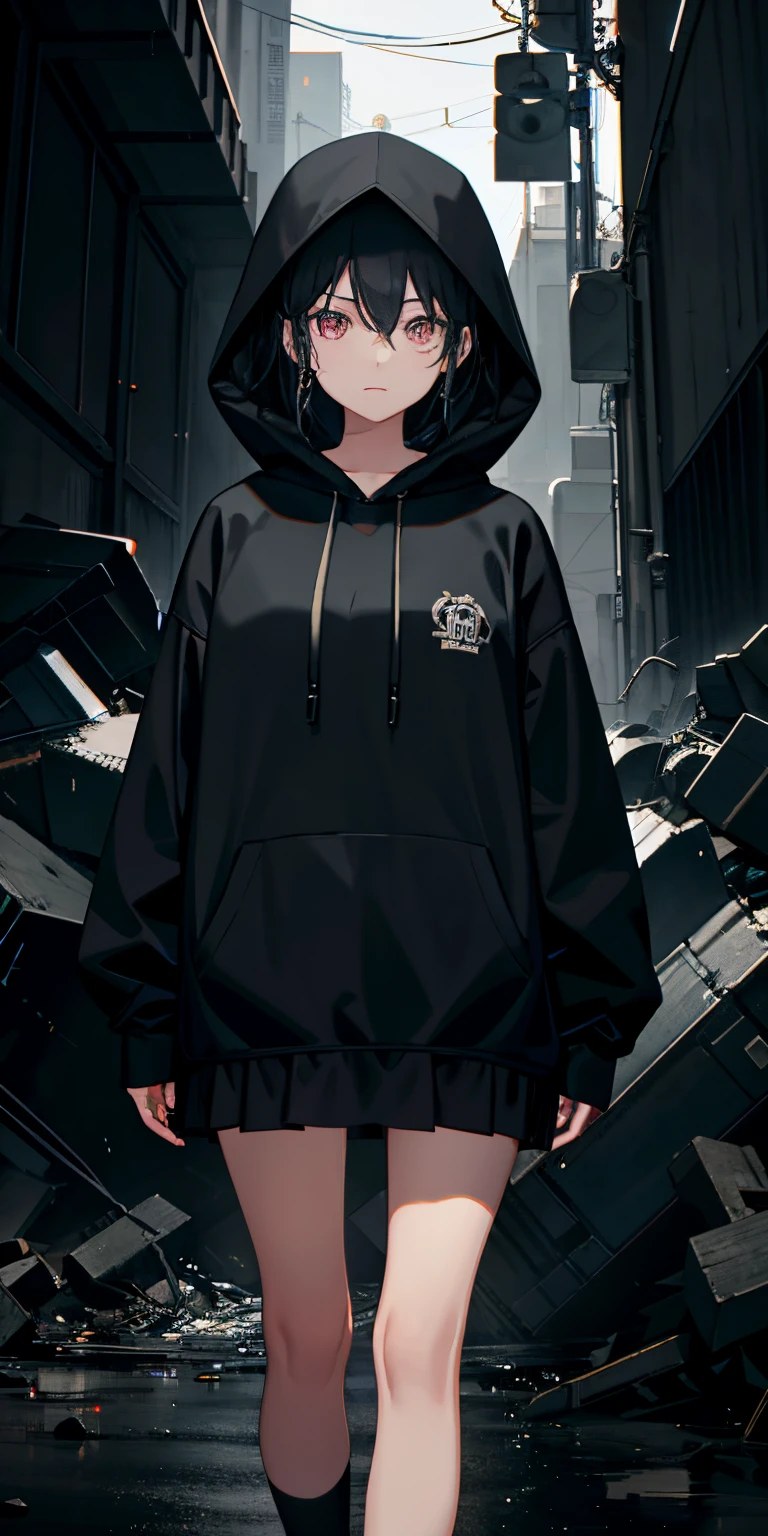 Anime girl in black hoodie standing in a city street SeaArt AI