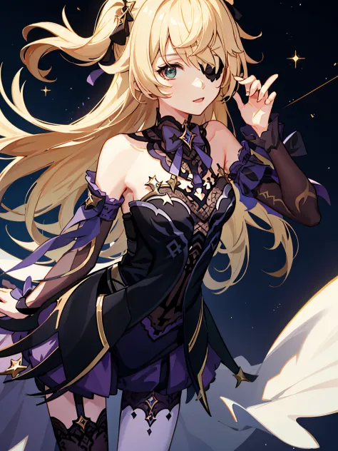 fischl (GenshinImpact), 1 girl (Solo:1.4), a blond, background starry sky map