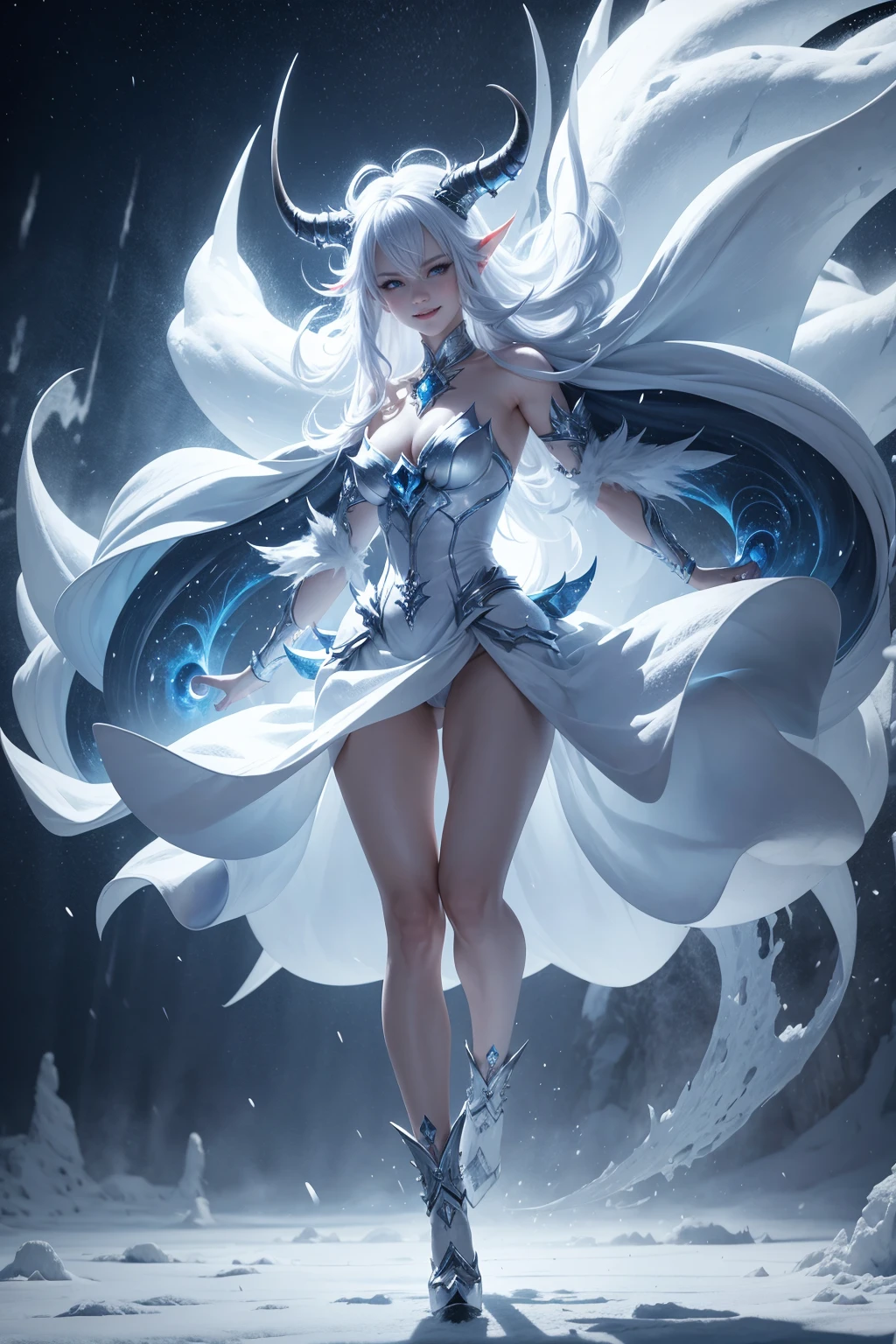 full length view of young smiling female ice demon, wearing heels, with horns, controlling blizzard with her arms and body in dynamic motion, surrounded by blizzard and ice, cold winter themed, hyper detailed, cinematic light, endless melody