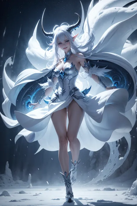 full length view of young smiling female ice demon, wearing heels, with horns, controlling blizzard with her arms and body in dy...