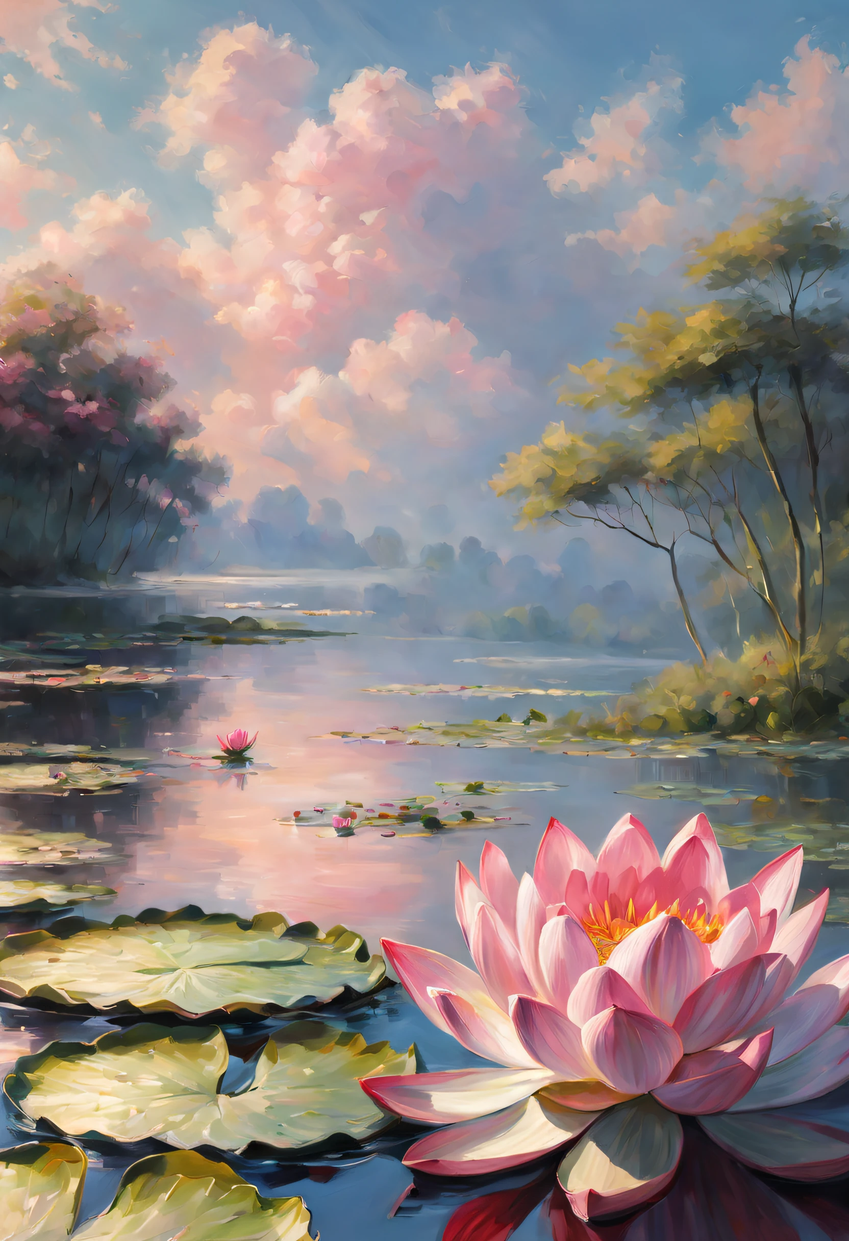 Monet style, beach, cloud, sky, water, flower, waterlily, pad, lotus, pink flower, no humans, plant, scenery, still life, impressionist watercraft, monet (style) (masterpiece:1.2), best quality, highres, original, extremely detailed wallpaper, perfect lighting,(extremely detailed:1.2), drawing, paintbrush