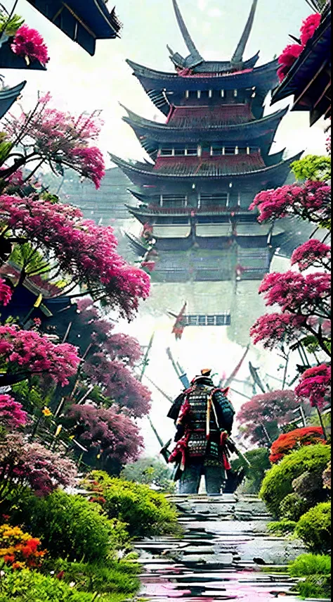 vista lejana samurai caminando por un riachuelo viendo una casa japonesa, con petalos de flor de cerezo caidos, esencia de cultu...