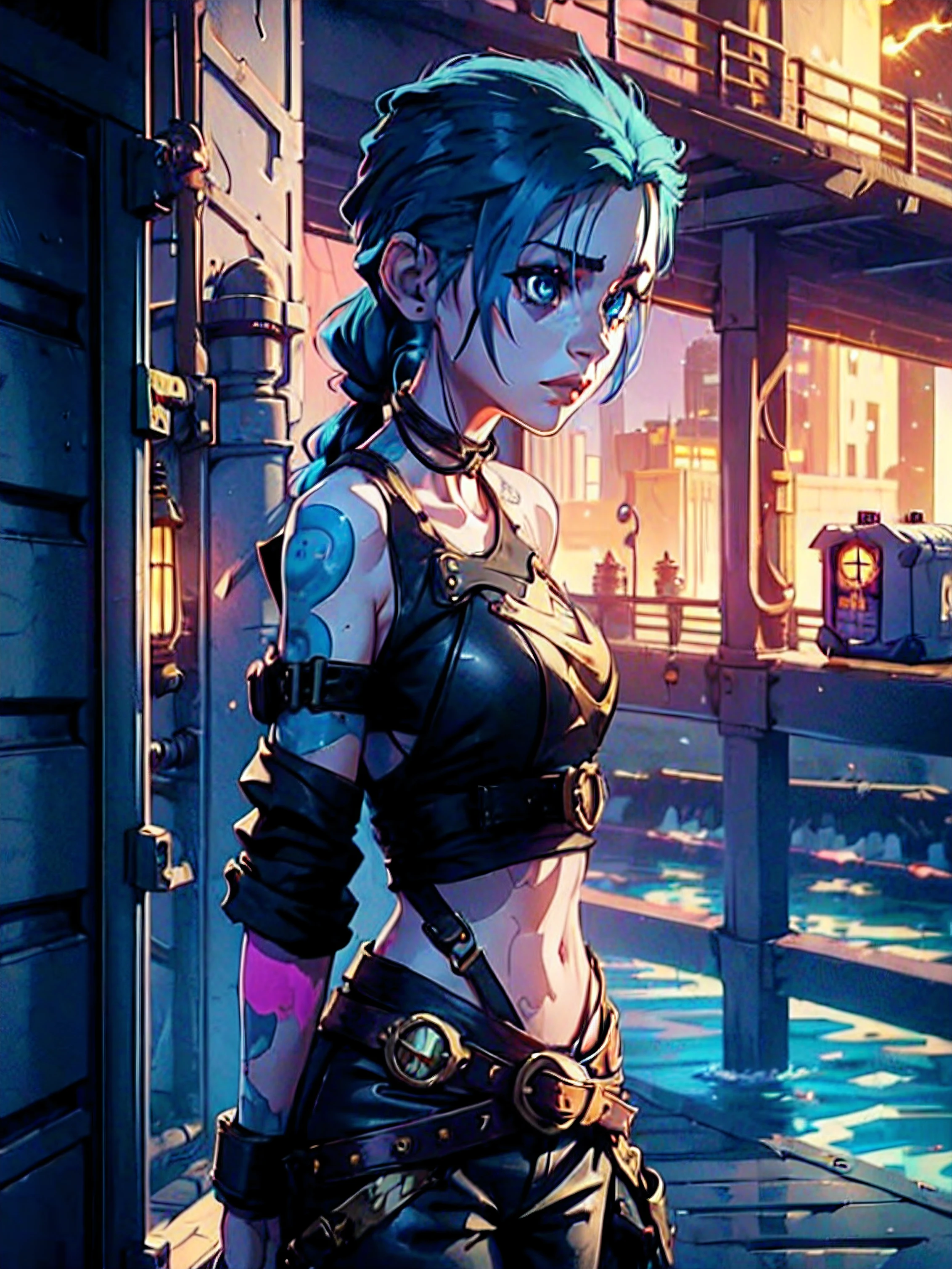 Jinx, League of legends , Arcane. She is on a worn-out pier , near a  wearhouse , industrial steampunk is the theme.There is multiple airships but the dock. Jinx is holding a minigun that is styilised.
Time of day: Fading light of a sunset on the verge of nightfall , mostly Night , sunset is orange and pink however most of it is dark already.
Details: Steampunk, punk , rustic , green orbs with streaks float around her , low angle shot , dark , stylized , celshaded , semi realistic , ultra graphics , ray tracing , unreal engine 5 volumetric lighting.
Poses: Mild pout, she is amused  , walking away with her head turned back , her hands are behind her back, elegant.
Character: Jinx , electric Blue hair , Slender , Pigtails , crop top that reveals her midriff ,skull buckle belt , loose pants , belts and holsters , light blue eyes ,her tattoos, visible on her arms and peeking out from under her arm wraps, fusion of tribal and abstract designs for her tattoos.
(slight pout:1.2),((Mostly Night:1.7)),(Head turning around:1.3), ((Pier: 1.6)) , ((Industrial:1.6)), ((Mini-Gun :1.2)),((Wearhouse : 1.7))