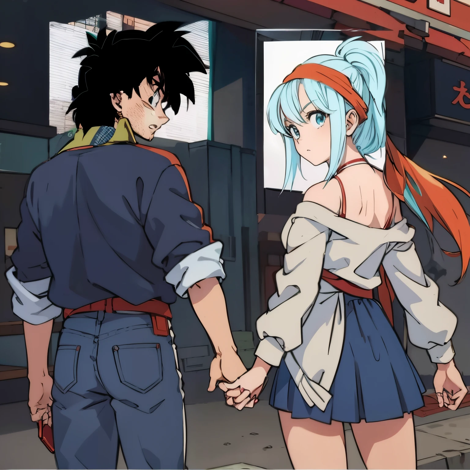 Akira Toryama style anime couple, Hand in hand, looking-into-camera, quizzed look