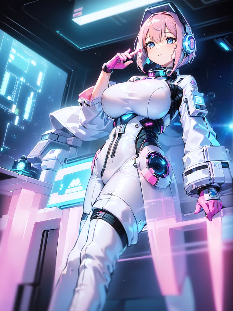 ​masterpiece:1.4, 1girl in ((20yr old, Wearing a futuristic white and silver costume, Tight Fit Bodysuit, long boots, Very gigantic-breasts, (Colorful pink hair):1.3, a short bob, Perfect model body, Blue eyes:1.2, Wearing headphones, Looking out the window of the futuristic sci-fi space station、While admiring the beautiful galaxy:1.2, SFSF control room on night background:1.1, Neon and energetic atmosphere:1.2)) ((Galaxy))