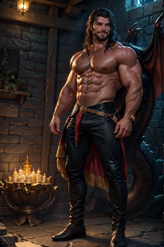 a man with long black hair, blue eyes, beard, smiling, strong pectoral, manly and sexy body, ((full body)), wearing red shirt and black pants, Victorian era style, in the background crystal castle and gold with dragons, Daeni Style Pin, [Daniel F. Gerhartz Style::0.5], UHD image, Rent, 8k, photo-realistic, Epic lighting, Sharp, Realistic, Romantic, focus,