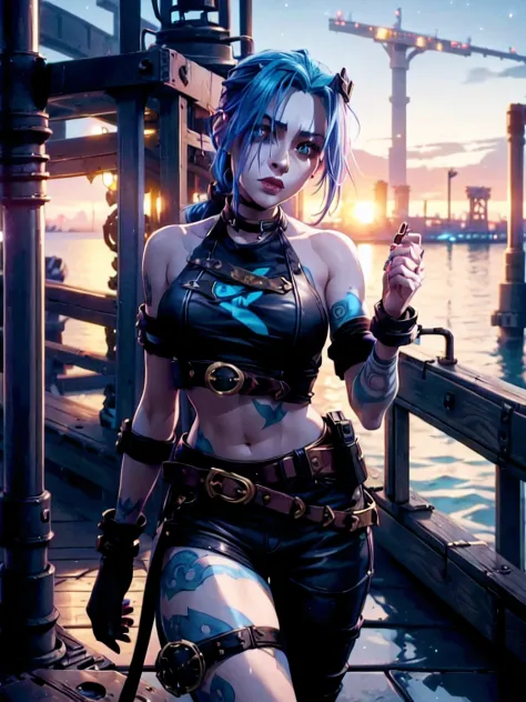 jinx, league of legends , arcane. she is on a worn-out pier , near a  wearhouse , industrial steampunk is the theme.there is mul...