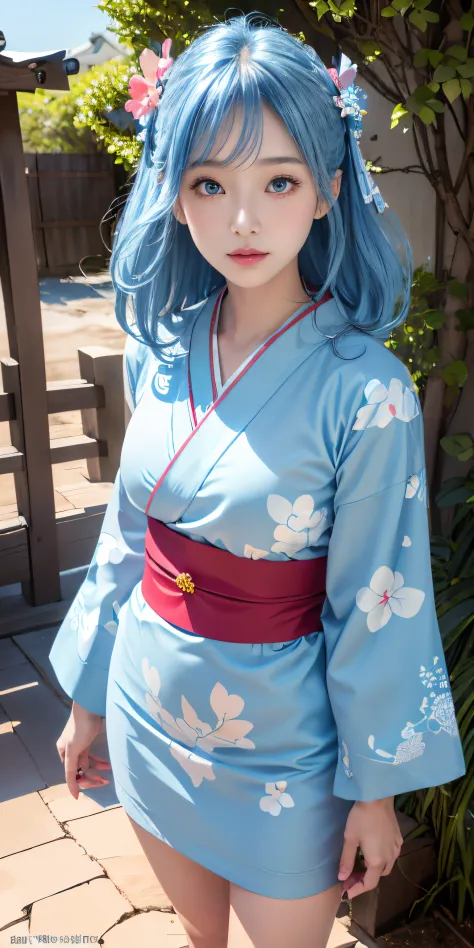 (light blue kimono:1.2)、(komono:1.2)、(bright floral pattern)、(long-sleeve)、1 girl、full body esbian、(long hair)、(reallistic:1.7)、...