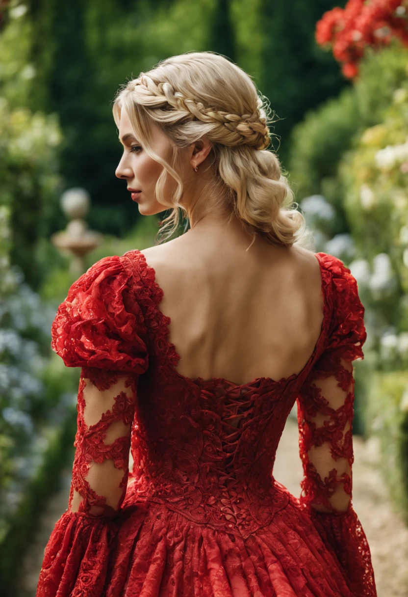 hyperrealistic portrait of a stunning beautiful blonde woman, in a red
Renaissance lace dress, from the back,
walking in a beautiful garden, Canon R5,
200mm lens, sharp focus, and shot in RAW format, the photograph
showcases an intricate, photorealistic, and highly detailed
face in 8k HDR quality
