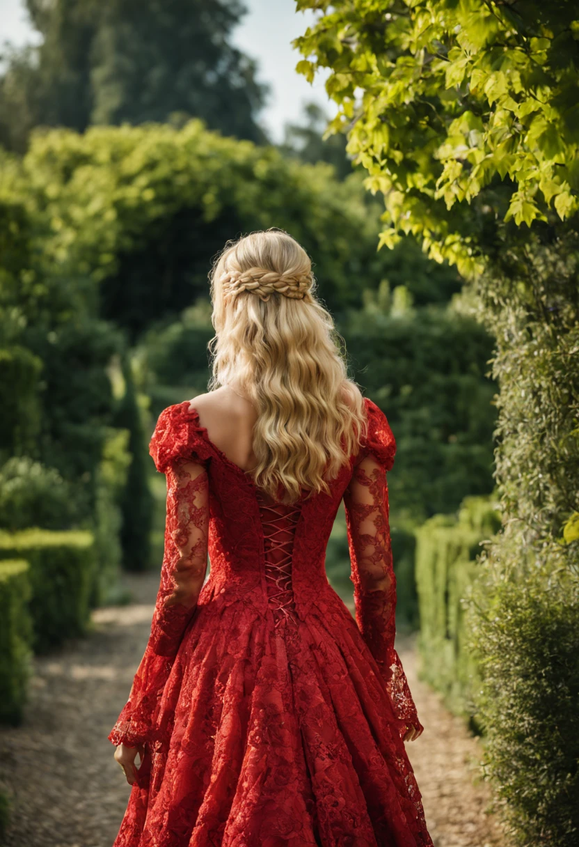 hyperrealistic portrait of a stunning beautiful blonde woman, in a red
Renaissance lace dress, from the back,
walking in a beautiful garden, Canon R5,
200mm lens, sharp focus, and shot in RAW format, the photograph
showcases an intricate, photorealistic, and highly detailed
face in 8k HDR quality