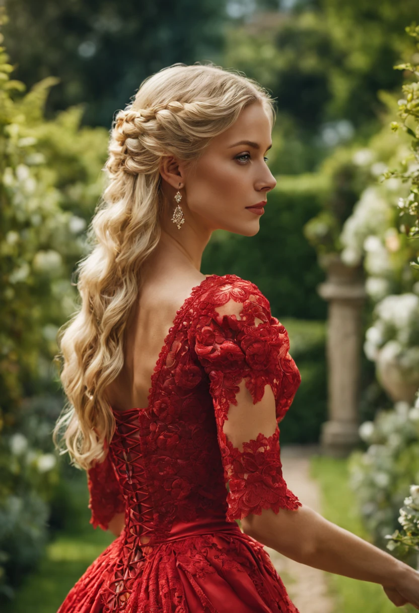 hyperrealistic portrait of a stunning beautiful blonde woman, in a red
Renaissance lace dress, from the back,
walking in a beautiful garden, Canon R5,
200mm lens, sharp focus, and shot in RAW format, the photograph
showcases an intricate, photorealistic, and highly detailed
face in 8k HDR quality