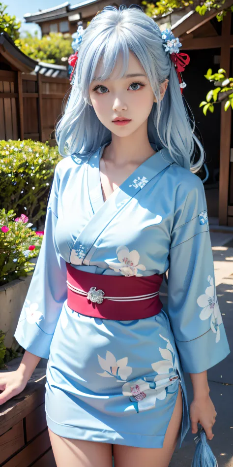 (light blue kimono:1.2)、(komono:1.2)、(bright floral pattern)、(long-sleeve)、1 girl、full body esbian、(white  hair、long hair)、(real...