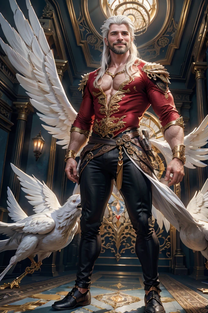 a man ((18 years old)) with long white hair, blue eyes, beard, smiling, strong chest, manly and sexy body, ((full body)), wearing red shirt and black pants, Victorian style, in the background crystal and gold castle with giant birds, Daeni Pin Style, [Daniel F. Gerhartz Style::0.5], UHD image, Rent, 8k, photo-realistic, Epic lighting, Sharp,  Realistic, Romantic, Focus,
