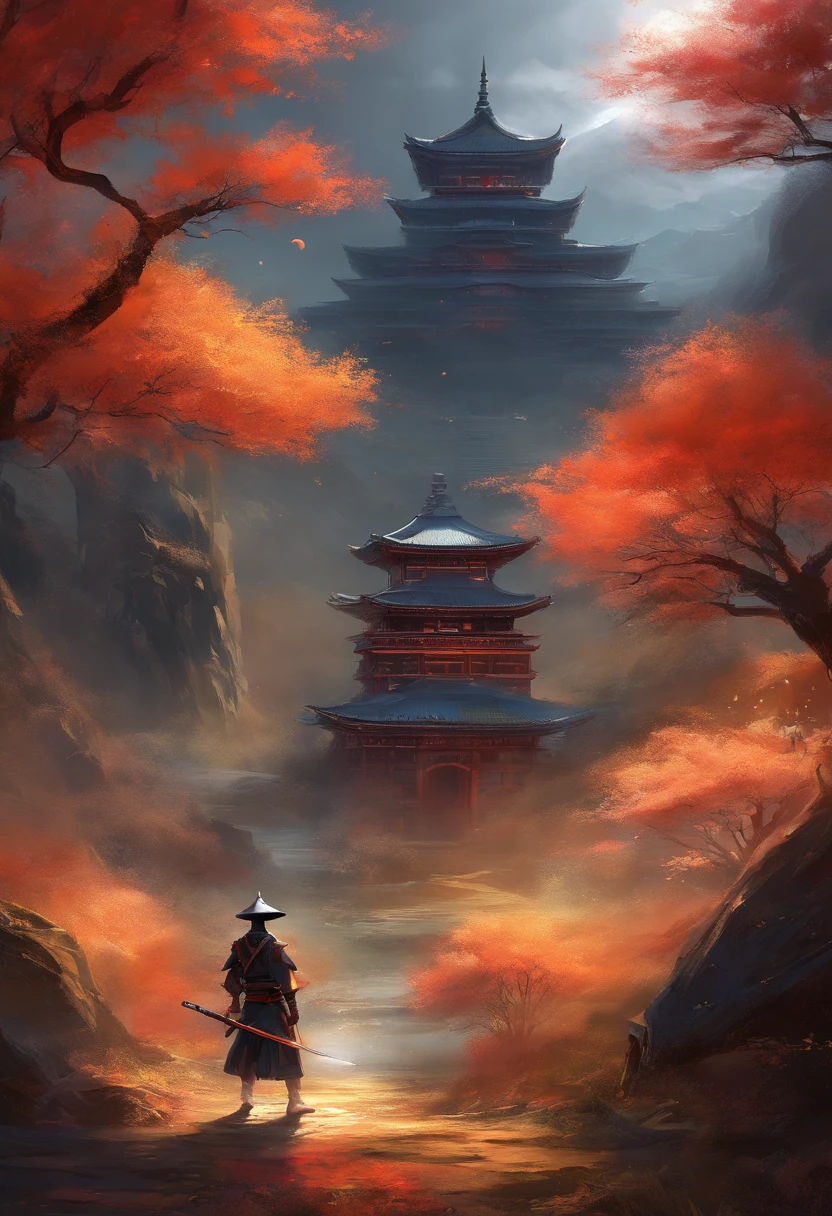 samurai mirando castillo japones en la oscuridad