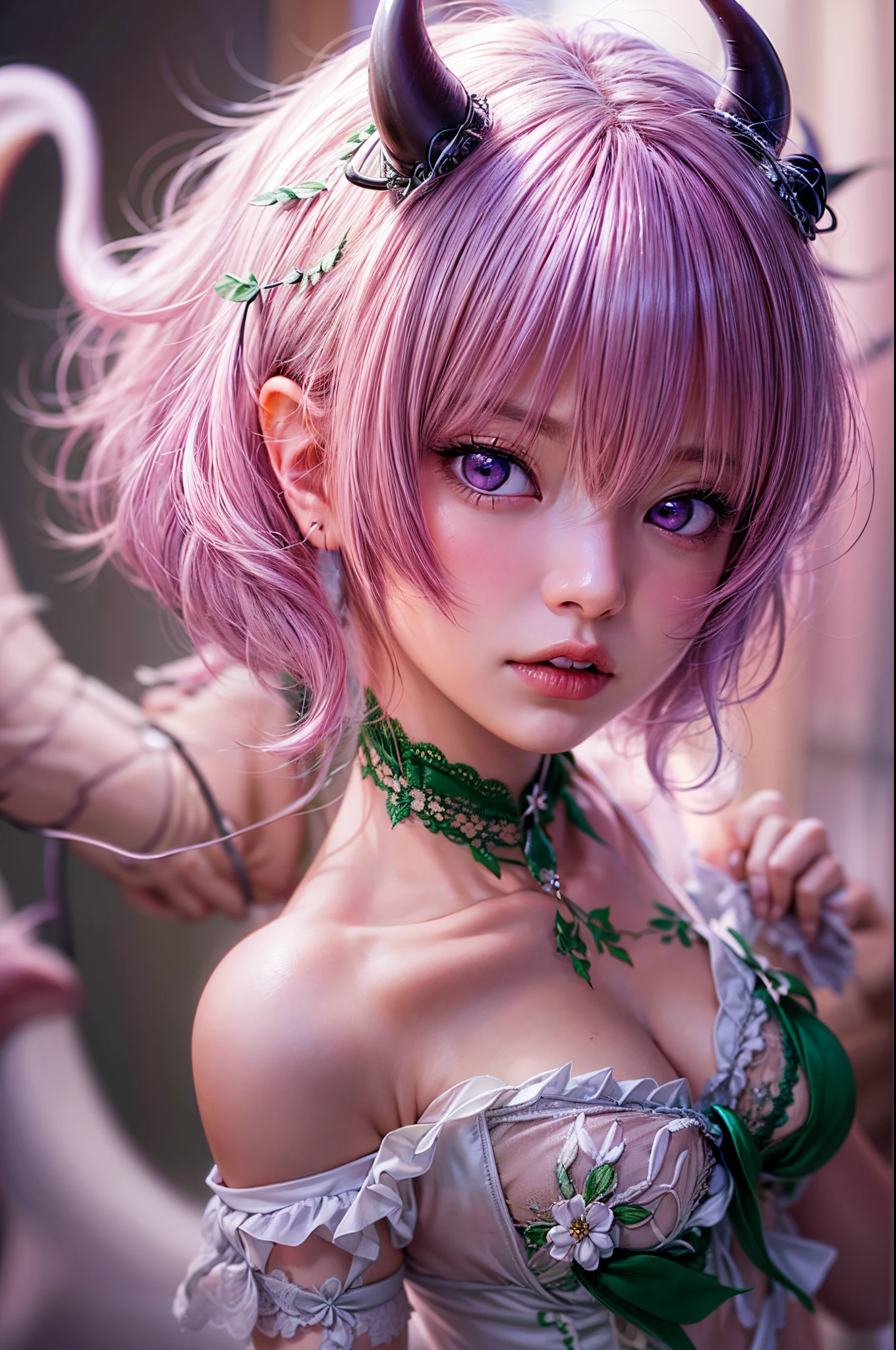 "((Momo Deviluke))14 years old, in realistic style, Mint Colored Lingerie with Garters and Corset, cinematic atmosphere, soft focus, ethereal glow, carefully posed, high resolution, mesmerizing details"demon tail,momo deviluke, demon tail, hair flower, hair ornament, (purple eyes:1.1), pink hair, short hair, tail,