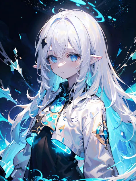 (masterpiece,best quality,ultra-detailed),1girl,white hair,messy hair, thick hair,black shirt, pointy ears,pale skin,blue destro...