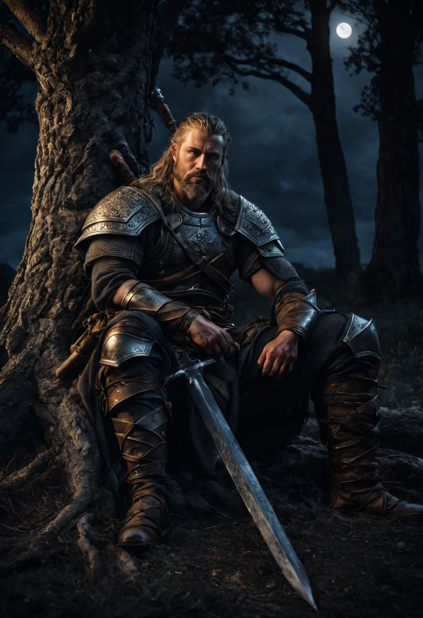 (best quality,ultra-detailed,realistic),warrior resting,beside a tree,dark night,sword beside him on ground,detailed armor,moonlight,calm expression,worn-out clothes,peaceful atmosphere,star-filled sky,heightened senses,deep shadows,faint campfire,Viking warrior.