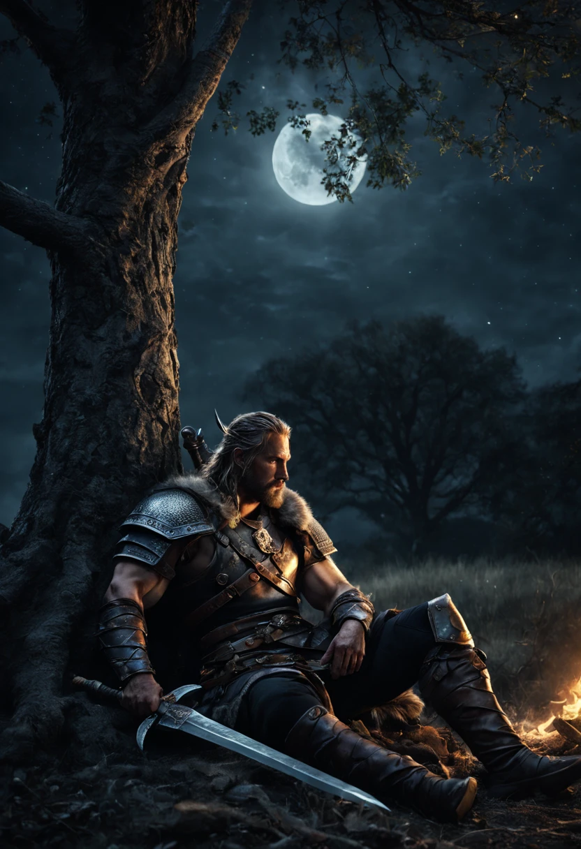 (best quality,ultra-detailed,realistic),warrior resting,beside a tree,dark night,sword beside him on ground,detailed armor,moonlight,calm expression,worn-out clothes,peaceful atmosphere,star-filled sky,heightened senses,deep shadows,faint campfire,Viking warrior.