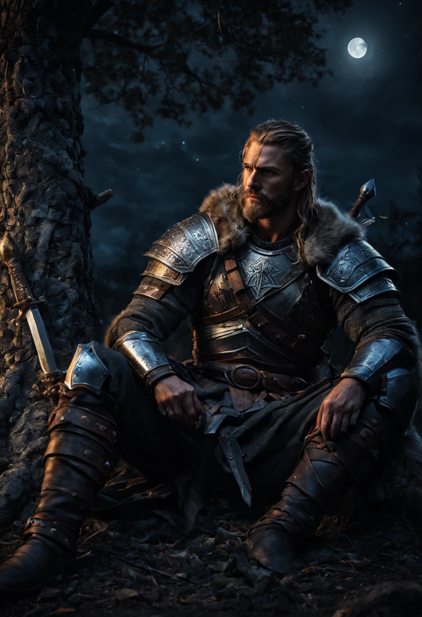 (best quality,ultra-detailed,realistic),warrior resting,beside a tree,dark night,sword beside him on ground,detailed armor,moonlight,calm expression,worn-out clothes,peaceful atmosphere,star-filled sky,heightened senses,deep shadows,faint campfire,Viking warrior.