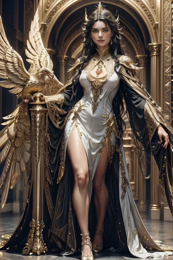 a woman ((18 years old)) with long black hair, blue eyes, smiling, statuesque and sexy body, ((full body)), , Victorian era style, wearing a light flowing dress, in the background crystal and gold castle with giant colorful birds, Daeni Pin Style, [Daniel F. Gerhartz Style::0.5], UHD image, Rent, 8k, photo-realistic, Epic lighting, Sharp, Realistic, Romantic,  focus