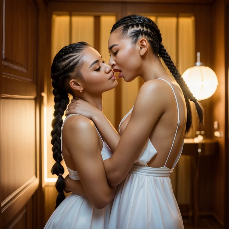 Professional full-length photography, (Photo 4K:1.1), (sharp-focus:1.3), Kazakh young lesbians ,  Excited, hairstyles with braids, moaning, Pose 69, licking , licking, licking, licking; licking; perfect anatomy, Perfect symmetry, a perfect face, The lighting is cinematic, Lighting Scene, soft light