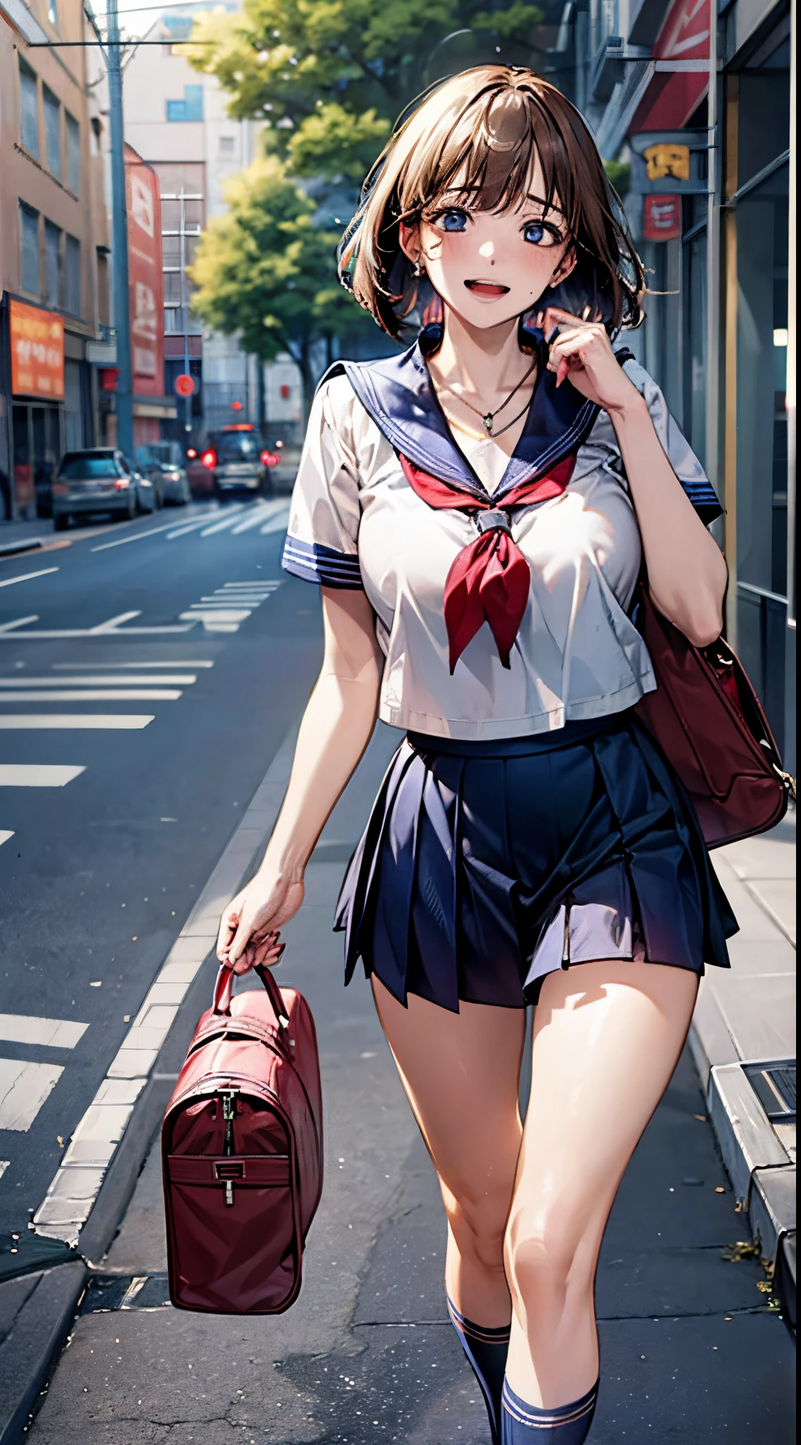 (((perfect anatomy, super detailed skin))), 1 girl, japanese, high school girl, shiny skin, large breasts:0.5, looking away, looking up, watching the view, 
beautiful hair, beautiful face, beautiful detailed eyes, (short hair:1.2, bob cut:1.2), light brown hair, blue eyes, 
beautiful clavicle, beautiful body, beautiful chest, beautiful thighs, beautiful legs, babyface, mole under eye, 
((short sleeves, all navy sailor suit, navy pleated skirt, navy sailor collar, red sailor scarf, school shoes), school bag, cross necklace), seductive thighs, , 
((, ashamed, , open mouth)), walking, bending forward, ((sex toys in panties, leaking pee:0, leaking poop:0)), 
(beautiful scenery), summer, runing, street, 
8k, top-quality, masterpiece​:1.2, extremely detailed), (, photorealistic), beautiful illustration, cinematic lighting,